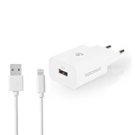 Nedis vegg lader | 12 W | Hurtigladefunksjon | 1x 2.4 A A | Antall utganger: 1 | USB-A | Lightning 8-Pin (Løs) Kabel | 1.00 m | Single Voltage Output | Hvit