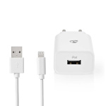 Nedis vegg lader | 12 W | Hurtigladefunksjon | 1x 2.4 A A | Antall utganger: 1 | USB-A | Lightning 8-Pin (Løs) Kabel | 1.00 m | Single Voltage Output | Hvit