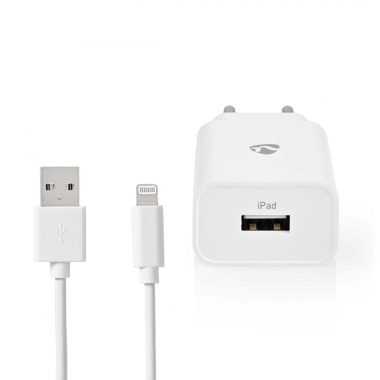 Nedis vegg lader | 12 W | Hurtigladefunksjon | 1x 2.4 A A | Antall utganger: 1 | USB-A | Lightning 8-Pin (Løs) Kabel | 1.00 m | Single Voltage Output | Hvit