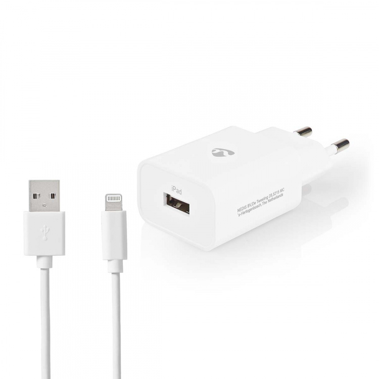 Nedis vegg lader | 12 W | Hurtigladefunksjon | 1x 2.4 A A | Antall utganger: 1 | USB-A | Lightning 8-Pin (Løs) Kabel | 1.00 m | Single Voltage Output | Hvit
