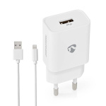 Nedis vegg lader | 12 W | Hurtigladefunksjon | 1x 2.4 A A | Antall utganger: 1 | USB-A | Lightning 8-Pin (Løs) Kabel | 1.00 m | Single Voltage Output | Hvit
