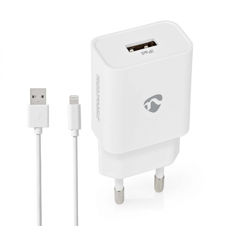 Nedis vegg lader | 12 W | Hurtigladefunksjon | 1x 2.4 A A | Antall utganger: 1 | USB-A | Lightning 8-Pin (Løs) Kabel | 1.00 m | Single Voltage Output | Hvit