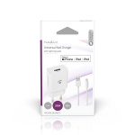 Nedis vegg lader | 12 W | Hurtigladefunksjon | 1x 2.4 A A | Antall utganger: 1 | USB-A | Lightning 8-Pin (Løs) Kabel | 1.00 m | Single Voltage Output | Hvit