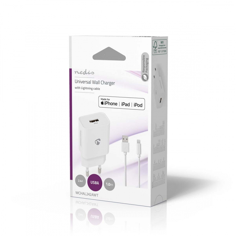 Nedis vegg lader | 12 W | Hurtigladefunksjon | 1x 2.4 A A | Antall utganger: 1 | USB-A | Lightning 8-Pin (Løs) Kabel | 1.00 m | Single Voltage Output | Hvit