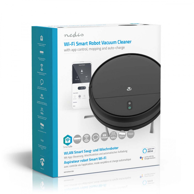 Nedis SmartLife Robot Støvsuger | Tilfeldig | Wi-Fi | Kapasitet Collection Reservoir: 0.2 l | Automatsik lading | Maksimal driftstid: 1.8 timer | Sort | Android™ / IOS Nedis SmartLife Robot Støvsuger | Tilfeldig | Wi-Fi | Kapasitet Collection Reservoir: 0.2 l | Automatsik lading | Maksimal driftstid: 1.8 timer | Sort | Android™ / IOS