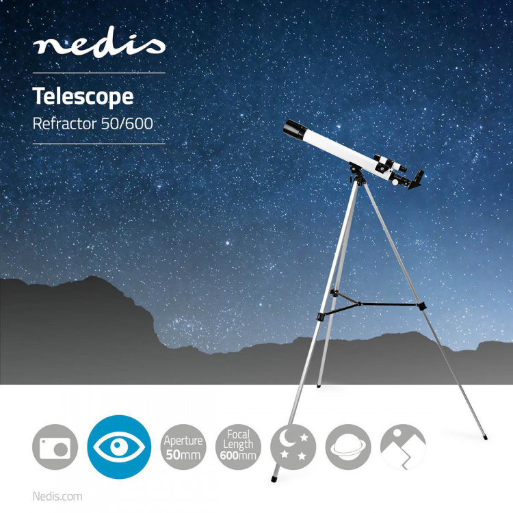 Nedis Teleskop | Blenderåpning: 50 mm | Brennvidde: 600 mm | Finderscope: 5 x 24 | Maksimal arbeidshøyde: 125 cm | Tripod | Hvit / Sort Nedis Teleskop | Blenderåpning: 50 mm | Brennvidde: 600 mm | Finderscope: 5 x 24 | Maksimal arbeidshøyde: 125 cm | Tripod | Hvit / Sort