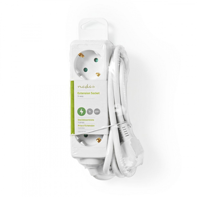 Nedis Extension Socket | Jordet kontakt / Type F (CEE 7/7) | 3-veis | 1.50 m | 3680 W | 16 A | Type av jording: Sidekontakter | 230 V AC 50/60 Hz | Uttaksvinkel: 45 ° | H05VV-F 3G1.5mm² | Hvit
