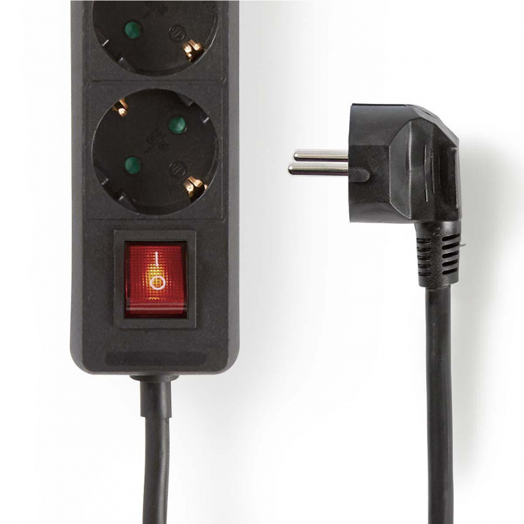 Nedis Extension Socket | Jordet kontakt / Type F (CEE 7/7) | 3-veis | 1.50 m | 3680 W | 16 A | Type av jording: Sidekontakter | 230 V AC 50/60 Hz | Uttaksvinkel: 45 ° | H05VV-F 3G1.5mm² | Av/på-bryter | Sort