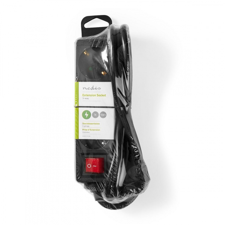 Nedis Extension Socket | Jordet kontakt / Type F (CEE 7/7) | 3-veis | 1.50 m | 3680 W | 16 A | Type av jording: Sidekontakter | 230 V AC 50/60 Hz | Uttaksvinkel: 45 ° | H05VV-F 3G1.5mm² | Av/på-bryter | Sort