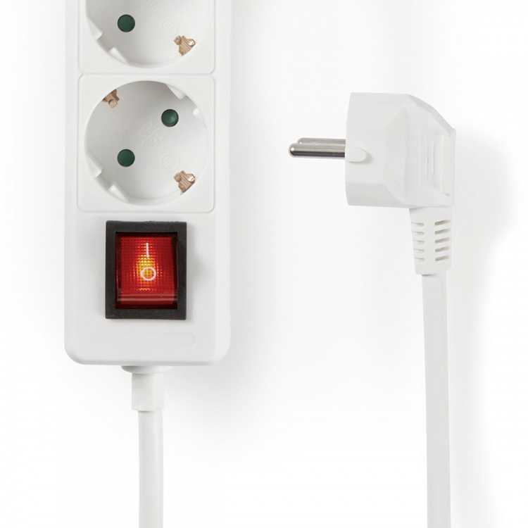 Nedis Extension Socket | Jordet kontakt / Type F (CEE 7/7) | 3-veis | 1.50 m | 3680 W | 16 A | Type av jording: Sidekontakter | 230 V AC 50/60 Hz | Uttaksvinkel: 45 ° | H05VV-F 3G1.5mm² | Av/på-bryter | Hvit