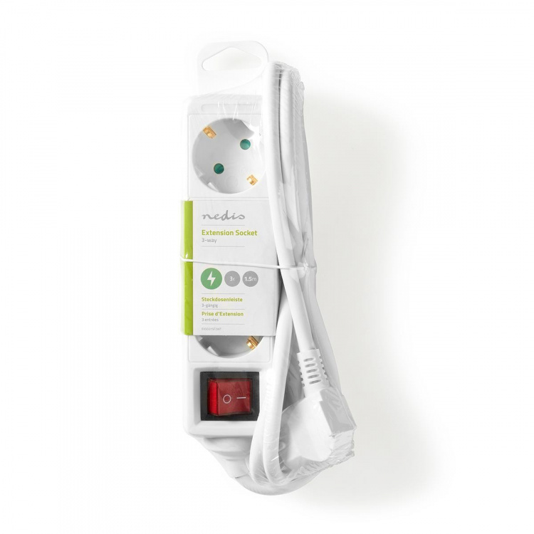 Nedis Extension Socket | Jordet kontakt / Type F (CEE 7/7) | 3-veis | 1.50 m | 3680 W | 16 A | Type av jording: Sidekontakter | 230 V AC 50/60 Hz | Uttaksvinkel: 45 ° | H05VV-F 3G1.5mm² | Av/på-bryter | Hvit