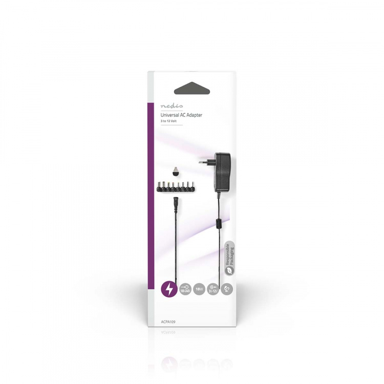 Nedis Universal AC strømadapter | 18 W | 3 - 12 V DC | 1.10 m | 1.5 A | 8 plug(s) | Sort Nedis Universal AC strømadapter | 18 W | 3 - 12 V DC | 1.10 m | 1.5 A | 8 plug(s) | Sort