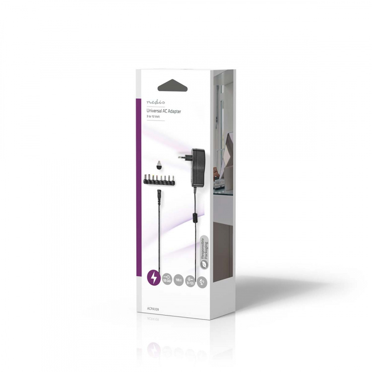 Nedis Universal AC strømadapter | 18 W | 3 - 12 V DC | 1.10 m | 1.5 A | 8 plug(s) | Sort Nedis Universal AC strømadapter | 18 W | 3 - 12 V DC | 1.10 m | 1.5 A | 8 plug(s) | Sort