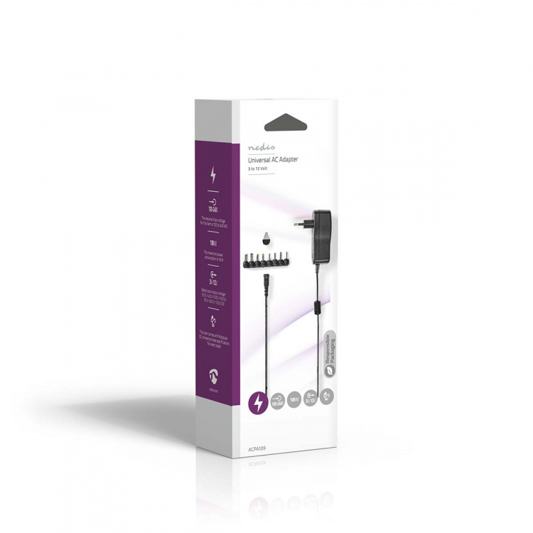 Nedis Universal AC strømadapter | 18 W | 3 - 12 V DC | 1.10 m | 1.5 A | 8 plug(s) | Sort Nedis Universal AC strømadapter | 18 W | 3 - 12 V DC | 1.10 m | 1.5 A | 8 plug(s) | Sort