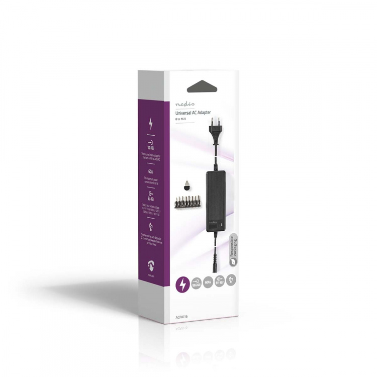 Nedis Universal AC strømadapter | 60 W | 6 - 16 V DC | 1.10 m | 5.0 - 5.2 A | 8 plug(s) | Sort Nedis Universal AC strømadapter | 60 W | 6 - 16 V DC | 1.10 m | 5.0 - 5.2 A | 8 plug(s) | Sort