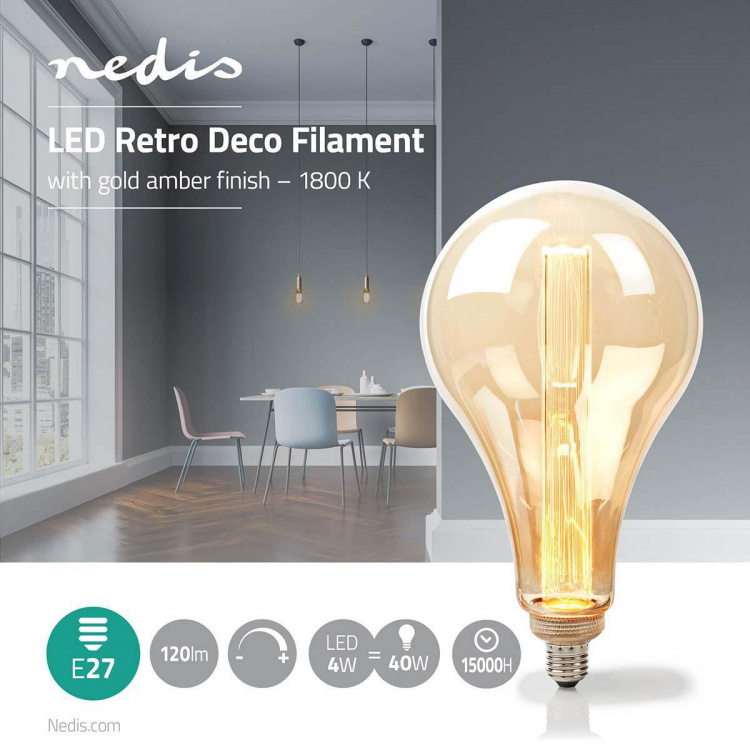 Nedis LED lyspære E27 | PS165 | 3.5 W | 120 lm | 1800 K | Dimbar | Med gullfarget, ravfarget overflate | Retro Style | 1 stk Nedis LED lyspære E27 | PS165 | 3.5 W | 120 lm | 1800 K | Dimbar | Med gullfarget, ravfarget overflate | Retro Style | 1 stk