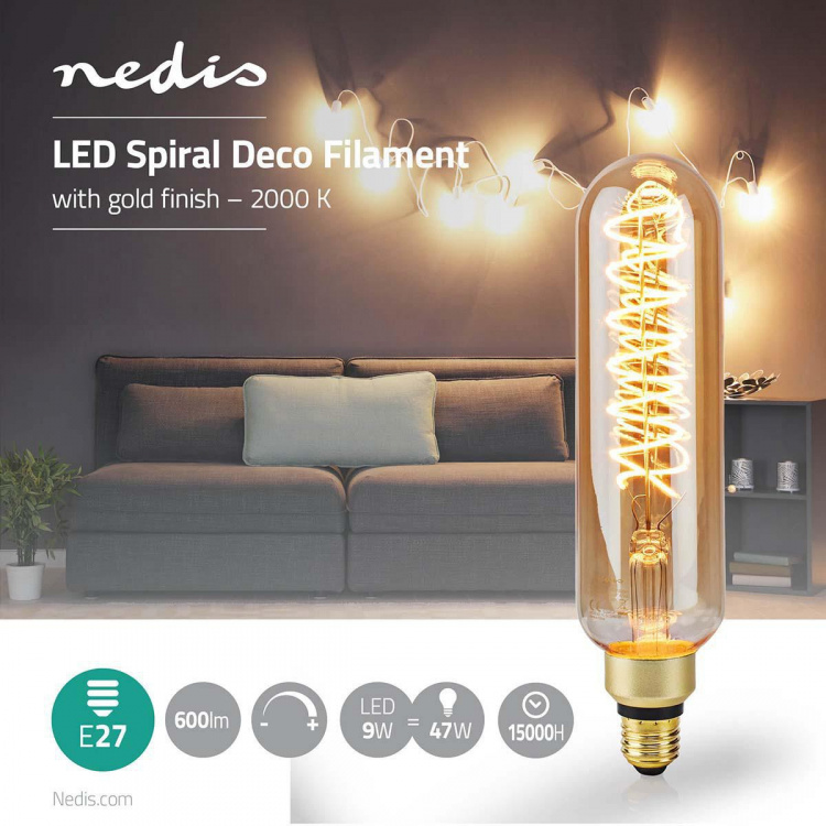 Nedis LED lyspære E27 | T65 | 8.5 W | 600 lm | 2000 K | Dimbar | Med gullfinish | Retro Style | 1 stk Nedis LED lyspære E27 | T65 | 8.5 W | 600 lm | 2000 K | Dimbar | Med gullfinish | Retro Style | 1 stk