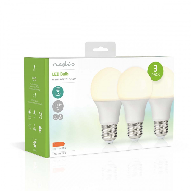 Nedis LED pære E27 | A60 | 8.0 W | 806 lm | 2700 K | Varm Hvit | Retro Style | Frosted | 3 stk Nedis LED pære E27 | A60 | 8.0 W | 806 lm | 2700 K | Varm Hvit | Retro Style | Frosted | 3 stk