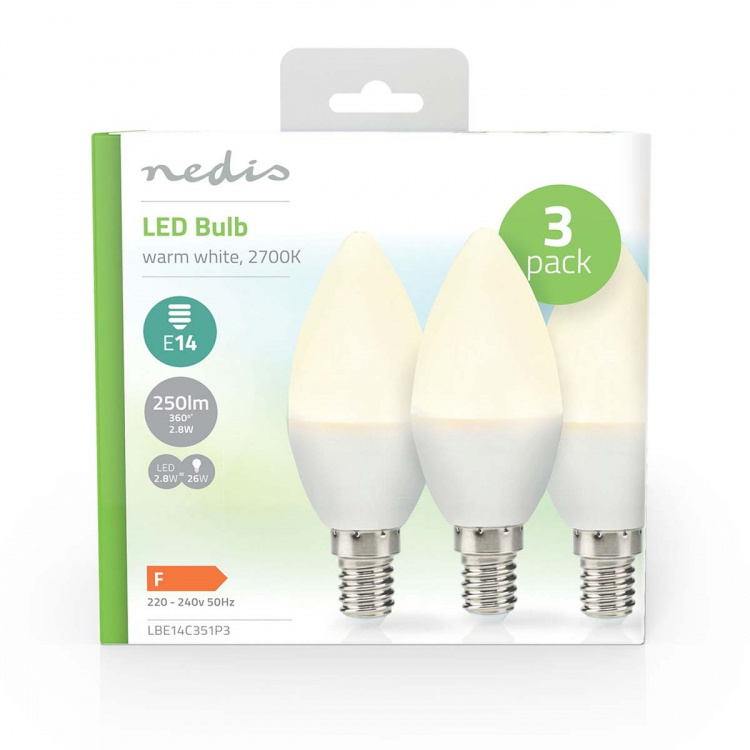 Nedis LED pære E14 | Lyshvit | 2.8 W | 250 lm | 2700 K | Varm Hvit | Frosted | 3 stk