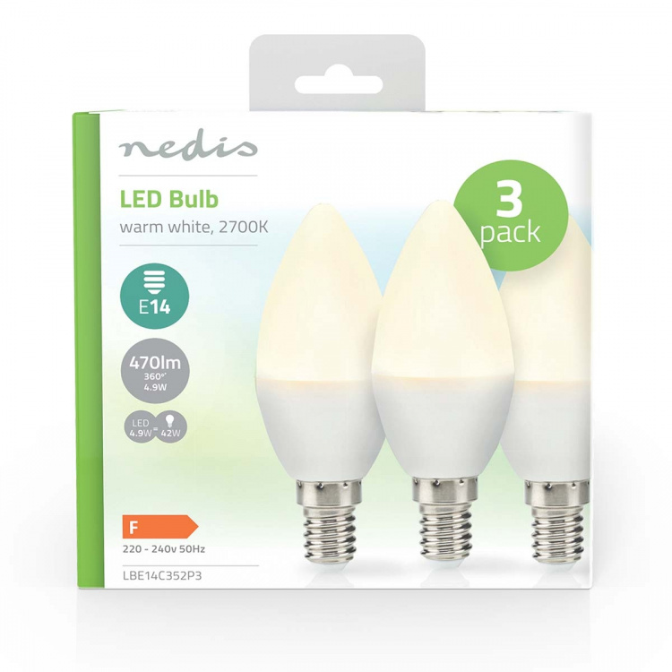 Nedis LED pære E14 | Lyshvit | 4.9 W | 470 lm | 2700 K | Varm Hvit | Frosted | 3 stk Nedis LED pære E14 | Lyshvit | 4.9 W | 470 lm | 2700 K | Varm Hvit | Frosted | 3 stk