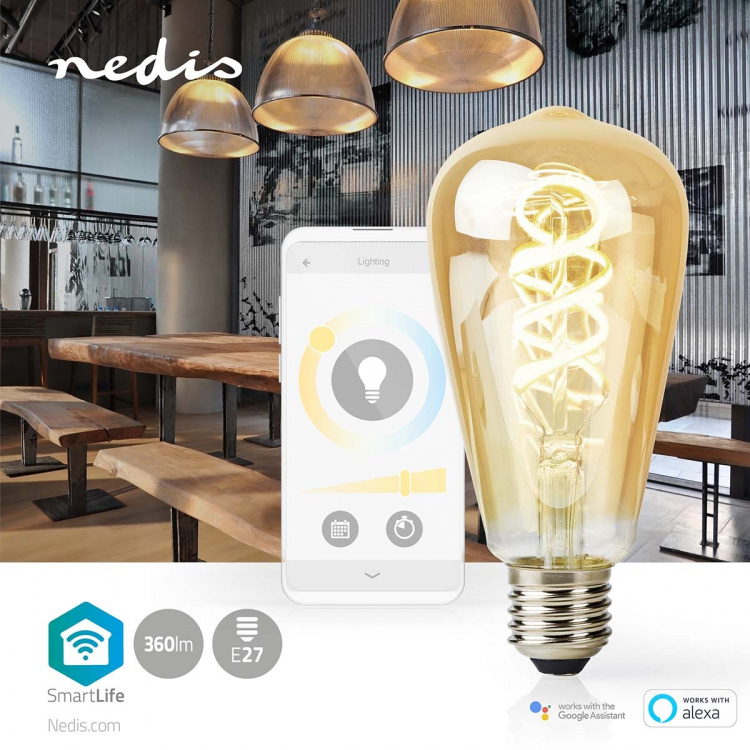 Nedis SmartLife LED Lyspære | E27 | 360 lm | 4.90 W | Varm til avkjølt hvitt | 1800 - 6500 K | Glass | Android™ / IOS | ST64 | 1 stk Nedis SmartLife LED Lyspære | E27 | 360 lm | 4.90 W | Varm til avkjølt hvitt | 1800 - 6500 K | Glass | Android™ / IOS | ST64 | 1 stk