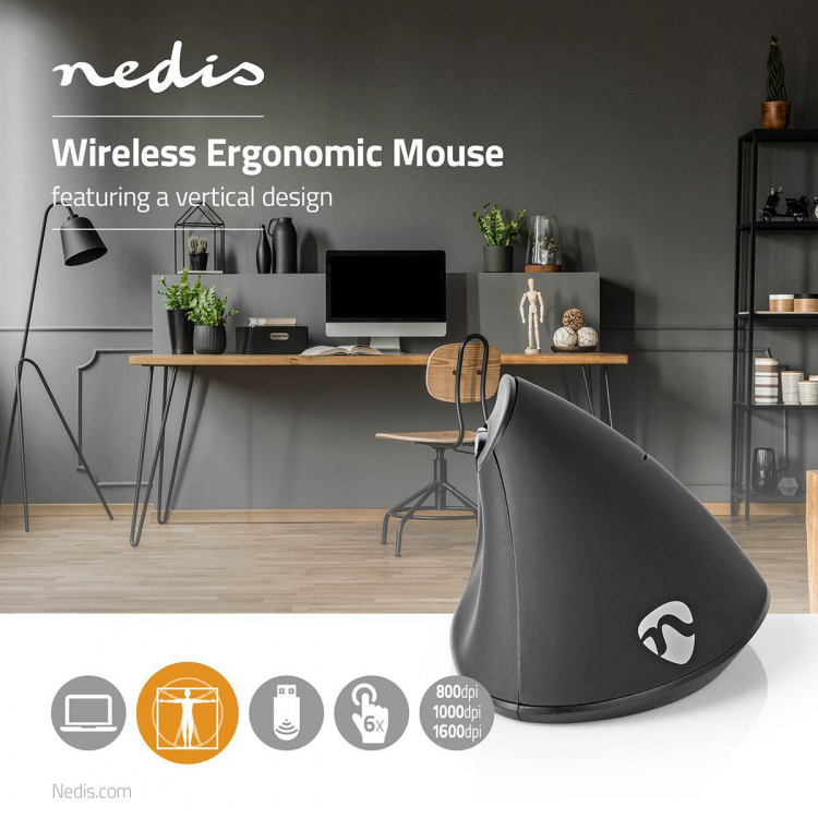 Nedis Mus | Wireless | 800 / 1000 / 1600 dpi | Justerbar DPI | Antall knapper: 6 | Right-Handed