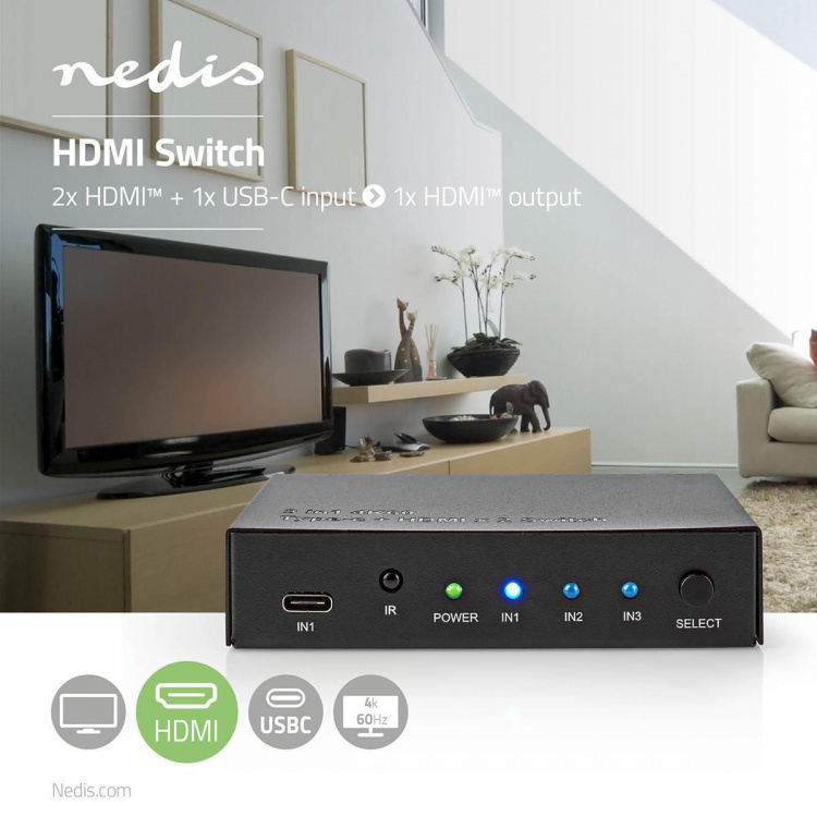 Nedis HDMI ™ Switch | 3-Port port(s) | 1x USB-C™ / 2x HDMI™ Input | 1x HDMI™ Output | 4K@60Hz | 18.0 Gbps | Metall | Antrasitt