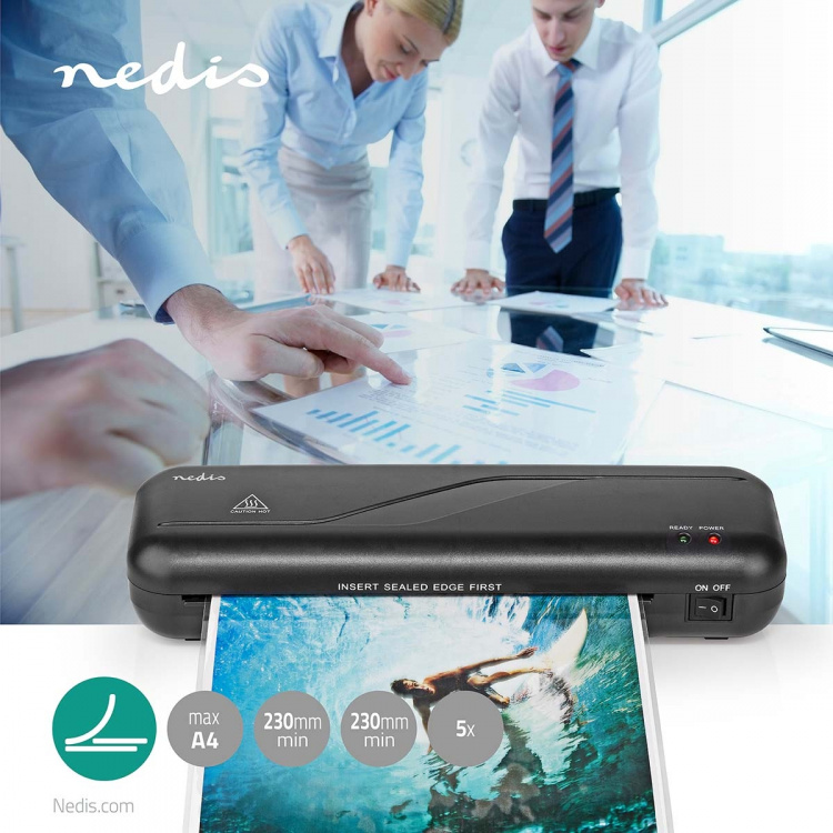 Nedis Laminator | Hot | A4 | 230 mm/min | Nettstrøm drevet | Sort Nedis Laminator | Hot | A4 | 230 mm/min | Nettstrøm drevet | Sort
