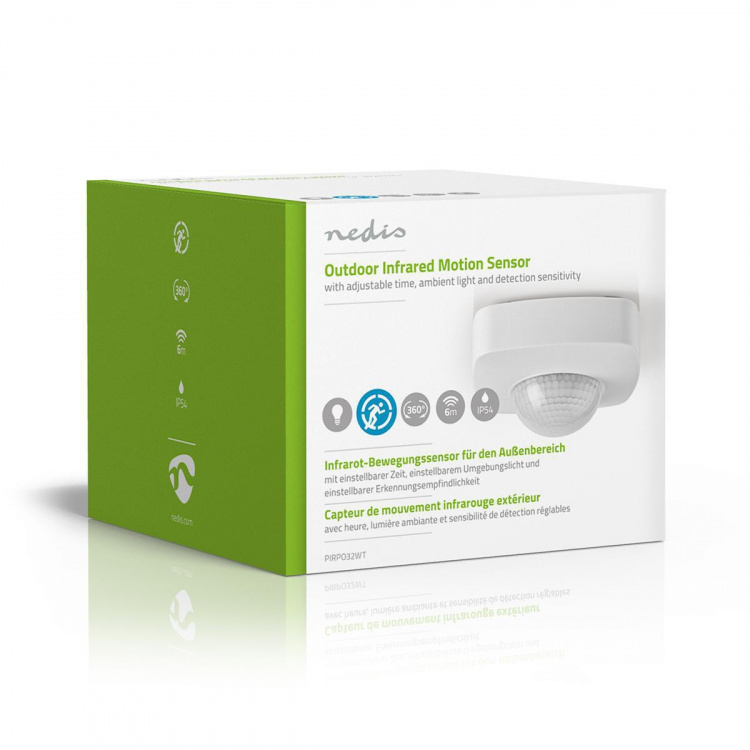 Nedis Bevegelsessensor | Innendørs og Utendørs | 3-Wire | Type F (CEE 7/7) | 360 ° | 5 - 300 W | 300 W | 1200 W | 3 - 2000 Lux | Sensorteknologi: PIR | Sensor rekkevidde: 2.0 - 8.0 m