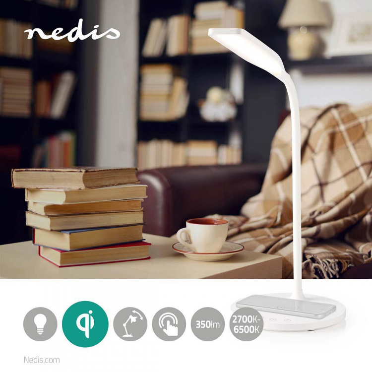 Nedis LED-lampe med trådløs lader | Dimmer - På produkt | LED / Qi | 10 W | Med dimming | Kald Hvit / Natural Hvit / Varm Hvit | 2700 - 6500 K