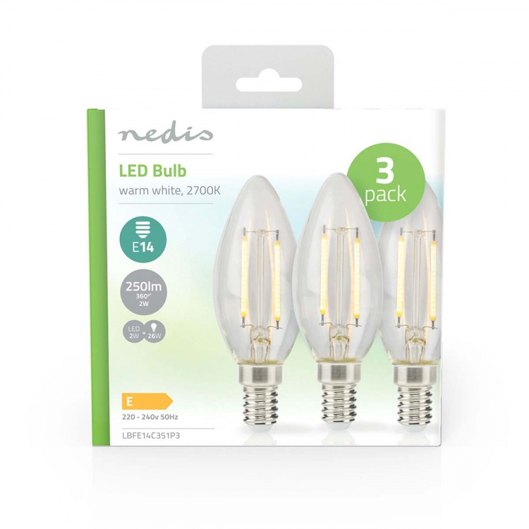 Nedis LED lyspære E14 | Lyshvit | 2 W | 250 lm | 2700 K | Varm Hvit | Retro Style | 3 stk. | Klart