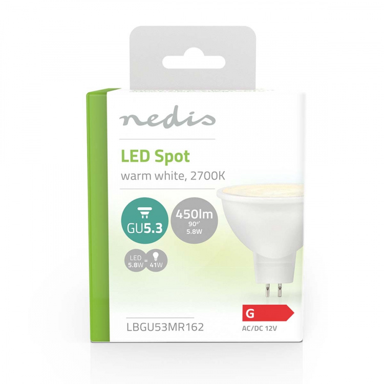 Nedis LED pære GU5.3 | Spot | 5.8 W | 450 lm | 2700 K | Varm Hvit | Klart | Antall lamper i pakningen: 1 stk Nedis LED pære GU5.3 | Spot | 5.8 W | 450 lm | 2700 K | Varm Hvit | Klart | Antall lamper i pakningen: 1 stk