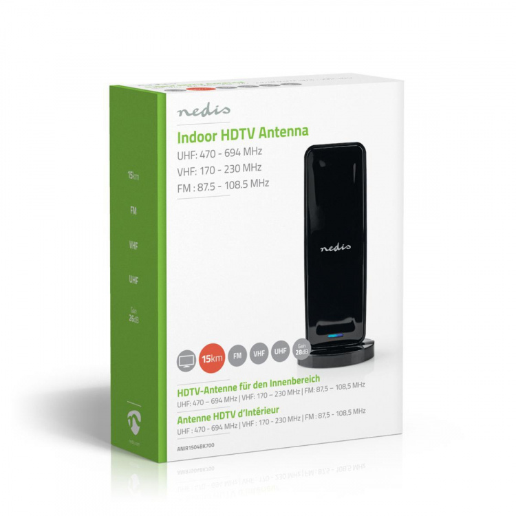 Nedis innendørs antenne | Aktiv | FM / UHF / VHF | Mottaksområde: 0-15 km | LTE700 | Forsterkning: 28 dB | ABS | Sort