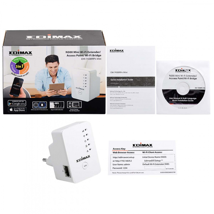 Edimax N300 Mini Wi-Fi Extender/Access Point/Wi-Fi Bridge Hvit