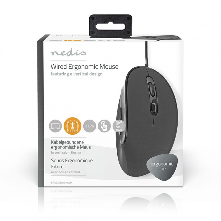 Nedis Wired Mouse | DPI: 1200 / 1800 / 2400 / 3600 dpi | Justerbar DPI | Antall knapper: 6 | Programmerbare knapper | Right-Handed | 1.60 m