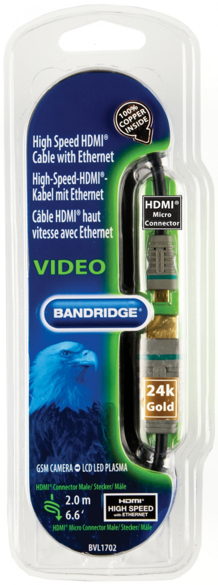 Bandridge High Speed HDMI-Kabel med Ethernet HDMI Kontakt - HDMI Micro Han 2.00 m Blå