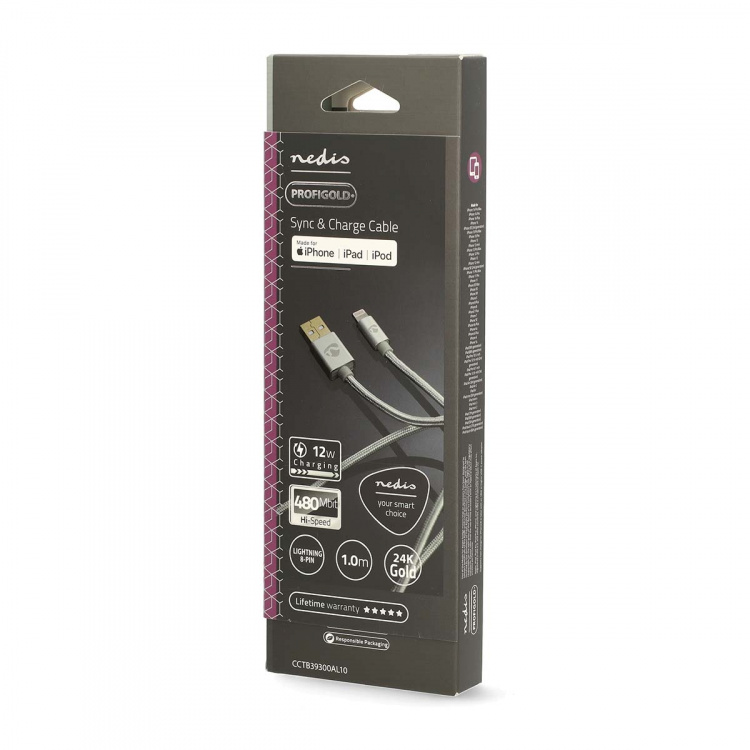 Nedis Lightning Kabel | USB 2.0 | Apple Lightning 8-Pinners | USB-A Han | 480 Mbps | Gull belagt | 1.00 m | Rund | Flettet / Nylon | Aluminium | Deksel Vindusboks