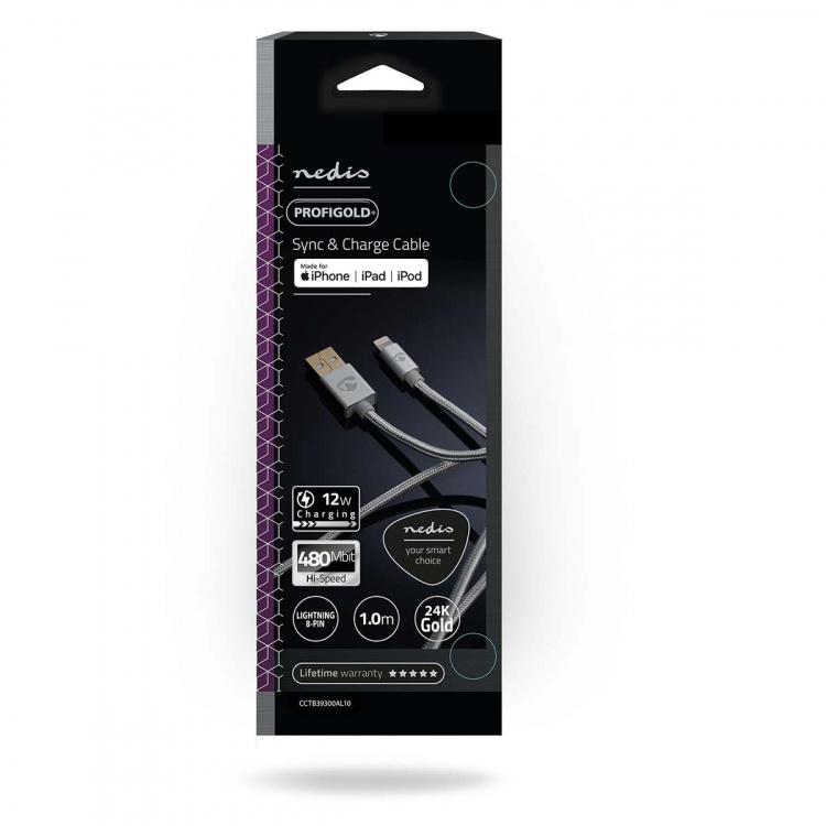 Nedis Lightning Kabel | USB 2.0 | Apple Lightning 8-Pinners | USB-A Han | 480 Mbps | Gull belagt | 1.00 m | Rund | Flettet / Nylon | Aluminium | Deksel Vindusboks
