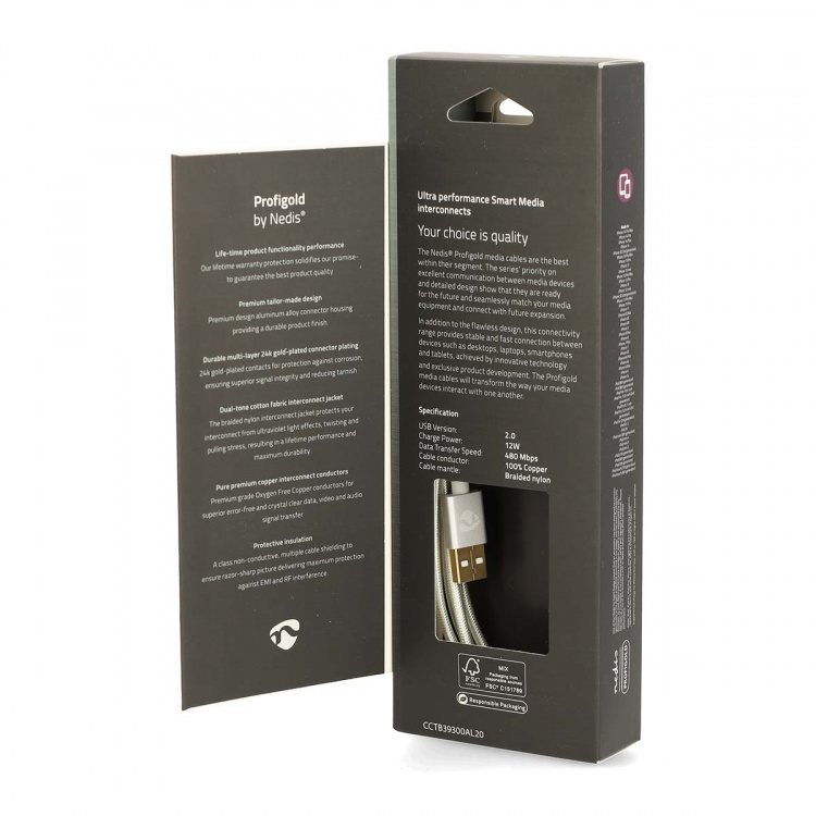 Nedis Lightning Kabel | USB 2.0 | Apple Lightning 8-Pinners | USB-A Han | 480 Mbps | Gull belagt | 2.00 m | Rund | Flettet / Nylon | Aluminium | Deksel Vindusboks