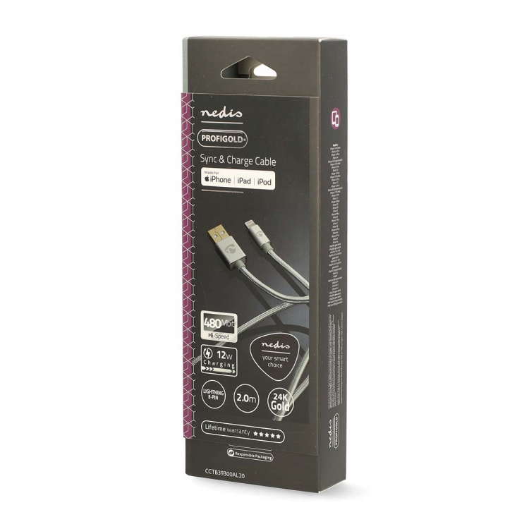 Nedis Lightning Kabel | USB 2.0 | Apple Lightning 8-Pinners | USB-A Han | 480 Mbps | Gull belagt | 2.00 m | Rund | Flettet / Nylon | Aluminium | Deksel Vindusboks