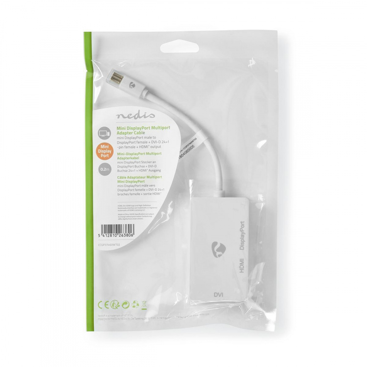Nedis Mini Displayport-kabel | DisplayPort 1.2 | Mini DisplayPort Han | DisplayPort Hun / DVI-D 24+1-Pins Hun / HDMI ™ -inngang | 21.6 Gbps | Nikkel belagt | 0.20 m | Rund | PVC | Hvit | Plastpose