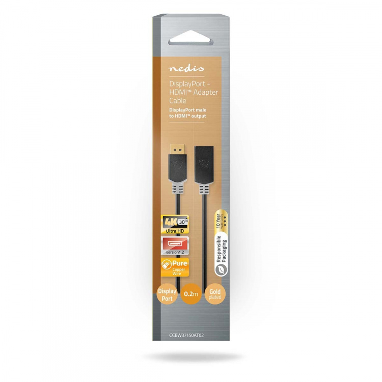 Nedis Displayport-kabel | DisplayPort Han | HDMI™ Output | 4K@30Hz | Gull belagt | 0.20 m | Rund | PVC | Antrasitt | Boks Nedis Displayport-kabel | DisplayPort Han | HDMI™ Output | 4K@30Hz | Gull belagt | 0.20 m | Rund | PVC | Antrasitt | Boks