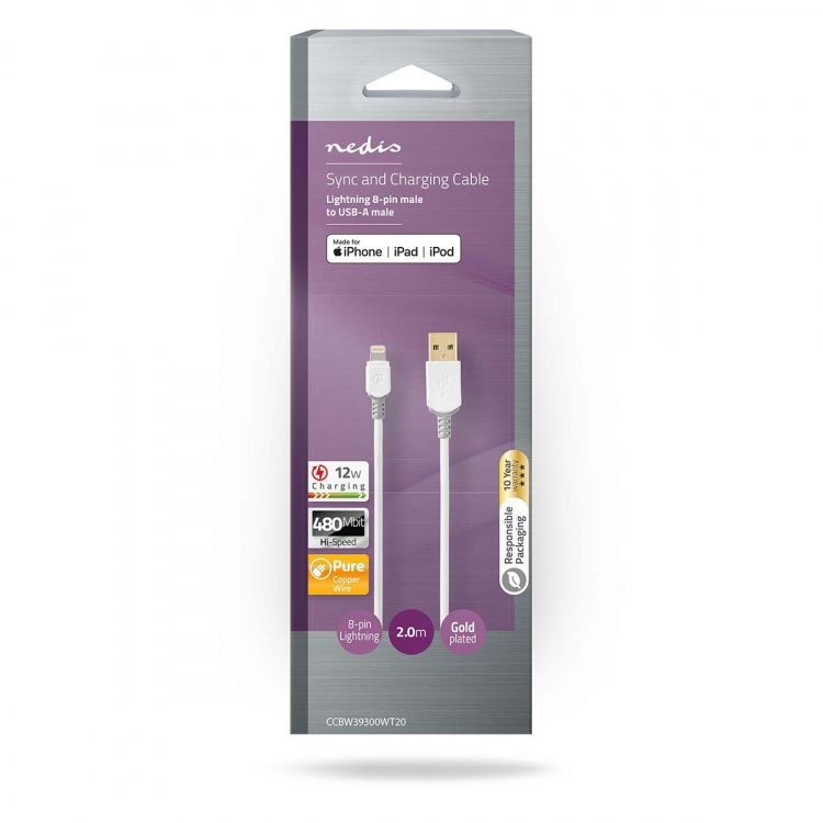 Nedis Lightning Kabel | USB 2.0 | Apple Lightning 8-Pinners | USB-A Han | 480 Mbps | Gull belagt | 2.00 m | Rund | PVC | Grå / Hvit | Boks