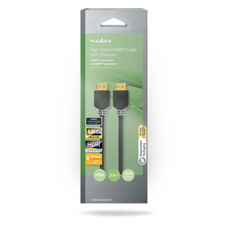 Nedis High Speed ​​HDMI ™ kabel med Ethernet | HDMI ™ -kontakt | HDMI ™ -kontakt | 4K@60Hz | ARC | 18 Gbps | 3.00 m | Rund | PVC | Antrasitt | Boks