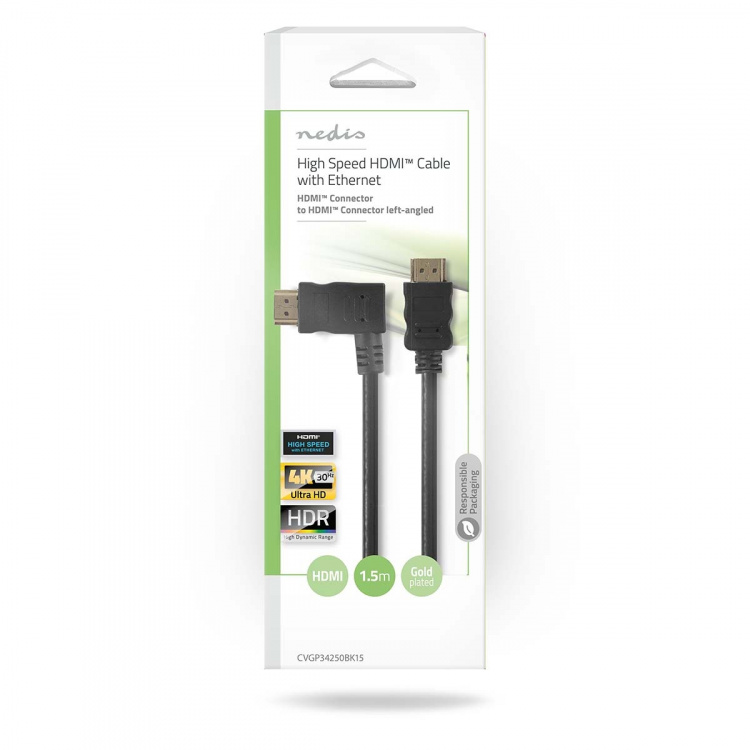 Nedis High Speed ​​HDMI ™ kabel med Ethernet | Venstre Hooked HDMI ™ -kontakt | HDMI ™ -kontakt | 4K@30Hz | 10.2 Gbps | 1.50 m | Rund | PVC | Sort | Konvolutt