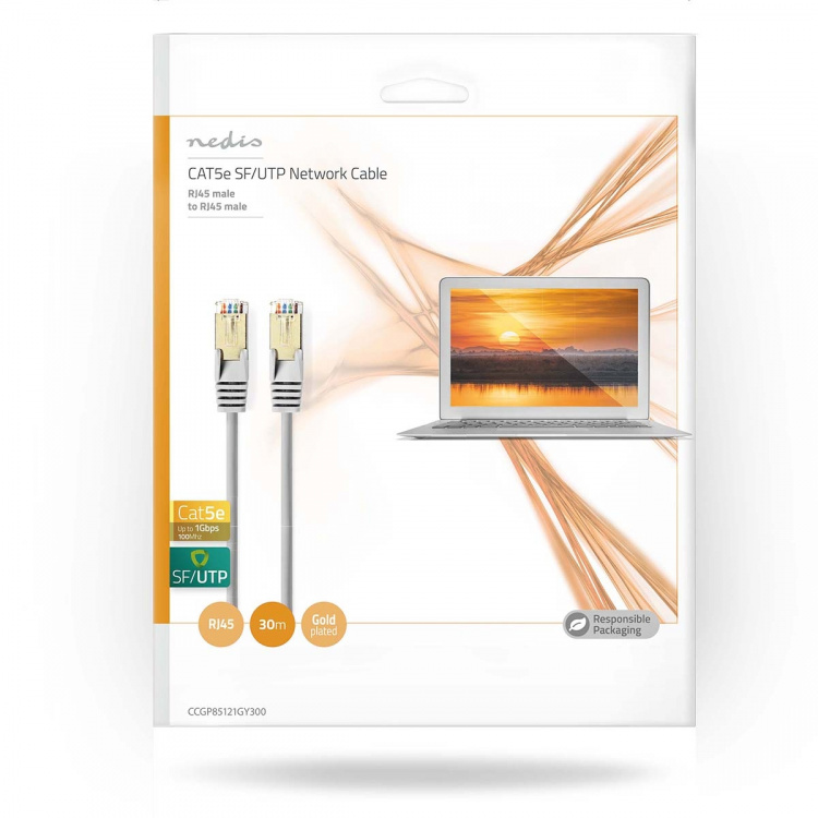 Nedis CAT5e nettverkskabel | SF/UTP | RJ45 Han | RJ45 Han | 30.0 m | Rund | PVC | Grå | Konvolutt Nedis CAT5e nettverkskabel | SF/UTP | RJ45 Han | RJ45 Han | 30.0 m | Rund | PVC | Grå | Konvolutt