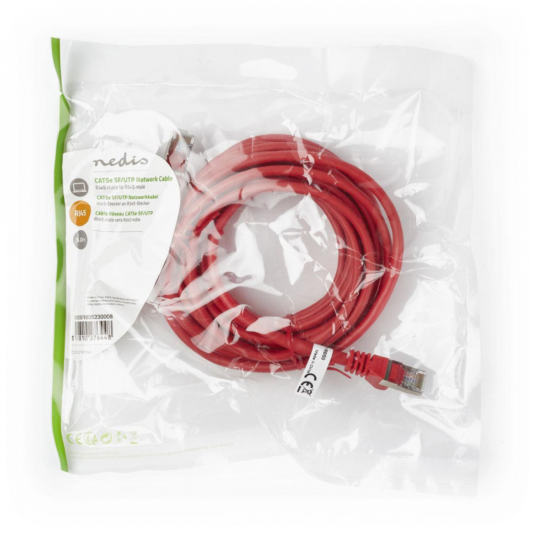 Nedis CAT5e nettverkskabel | SF/UTP | RJ45 Han | RJ45 Han | 5.00 m | Rund | PVC | Rød | Plastpose Nedis CAT5e nettverkskabel | SF/UTP | RJ45 Han | RJ45 Han | 5.00 m | Rund | PVC | Rød | Plastpose