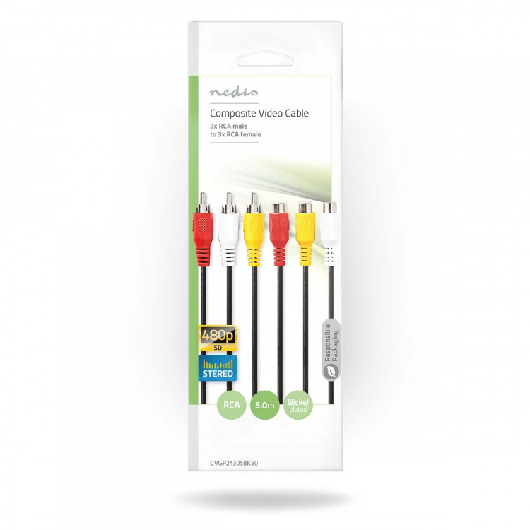 Nedis Kompositt videokabel | 3x RCA Han | 3x RCA Hunn | Nikkel belagt | 480p | 5.00 m | Rund | PVC | Sort | Konvolutt