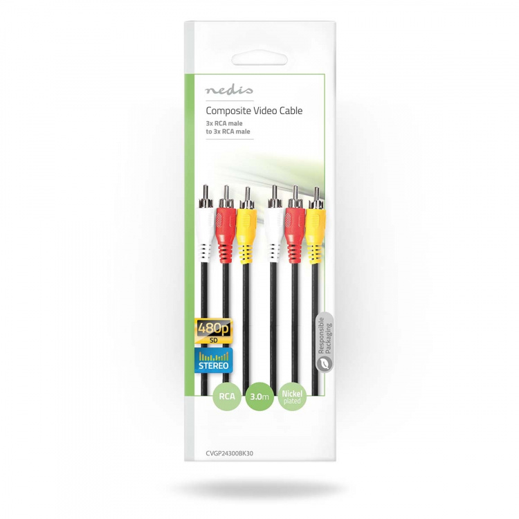 Nedis Kompositt videokabel | 3x RCA Han | 3x RCA Han | Nikkel belagt | 480p | 3.00 m | Rund | PVC | Sort | Konvolutt
