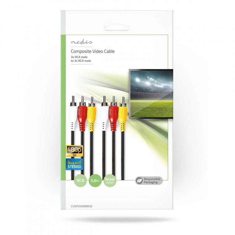 Nedis Kompositt videokabel | 3x RCA Han | 3x RCA Han | Nikkel belagt | 480p | 5.00 m | Rund | PVC | Sort | Konvolutt Nedis Kompositt videokabel | 3x RCA Han | 3x RCA Han | Nikkel belagt | 480p | 5.00 m | Rund | PVC | Sort | Konvolutt